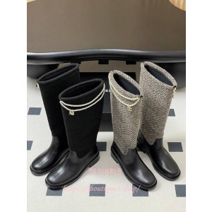 샤넬 펄 체인 트위드 롱 부츠 (2color)